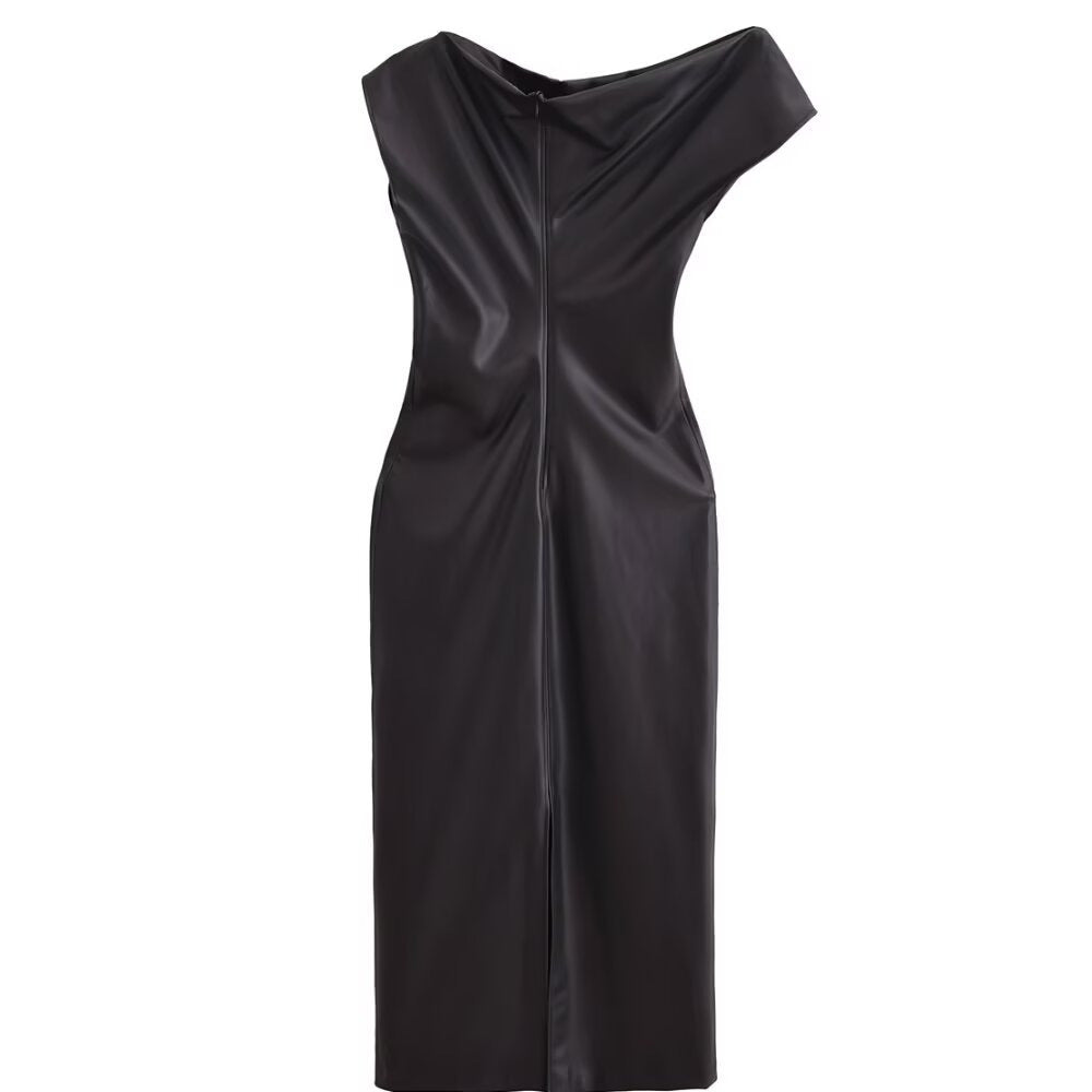 Paris Chic Asymmetrical Faux Leather Midi Dress