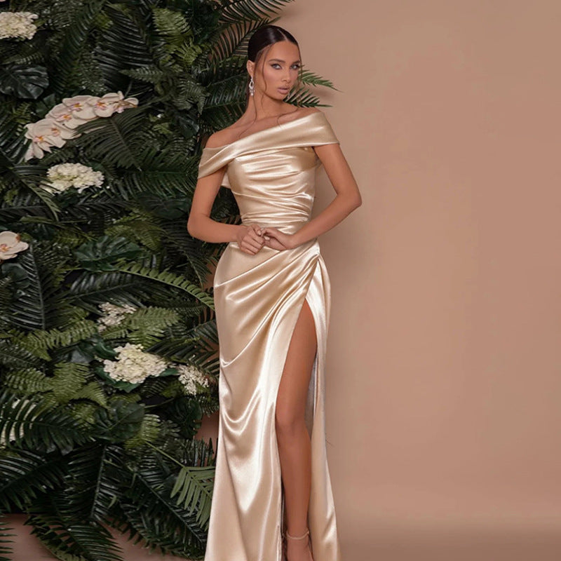 Champagne Satin One-Shoulder Maxi Dress