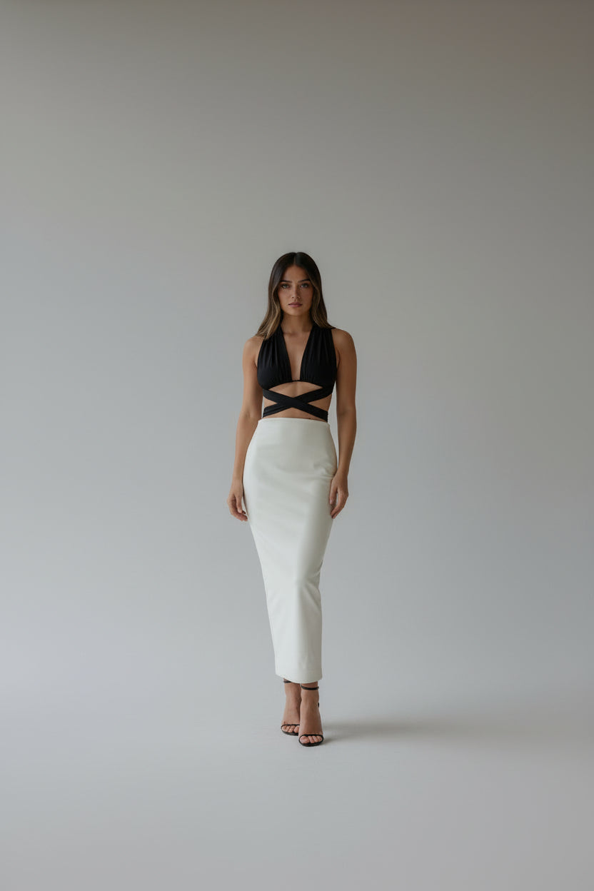 Sculpted Ruched Faux Leather Midi Skirt