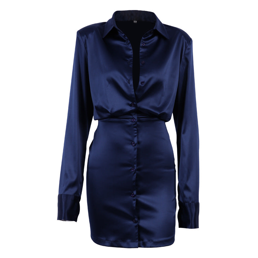 Midnight Satin Ruched Shirt Mini Dress