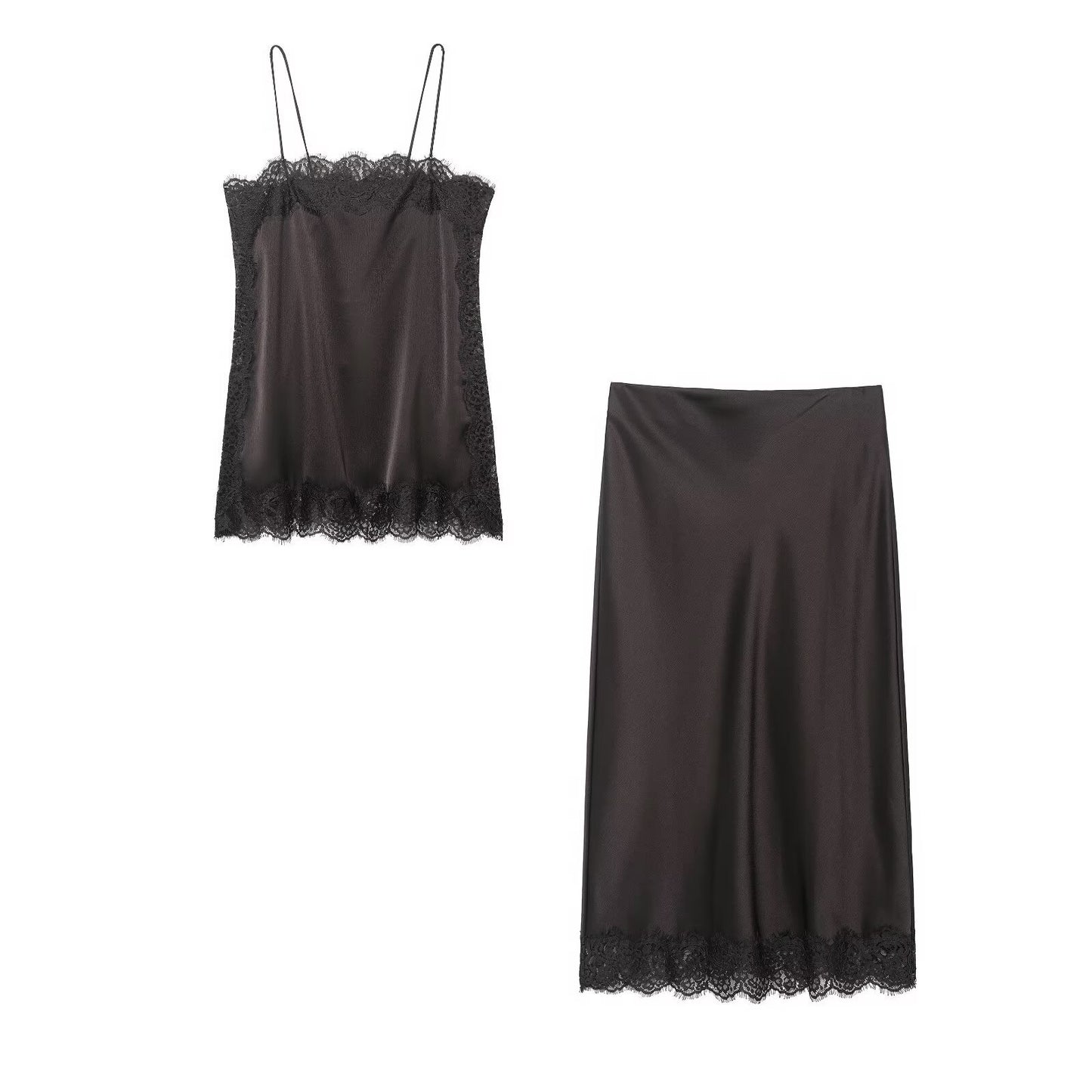 Lace-Trim Satin Cami & Maxi Skirt Set
