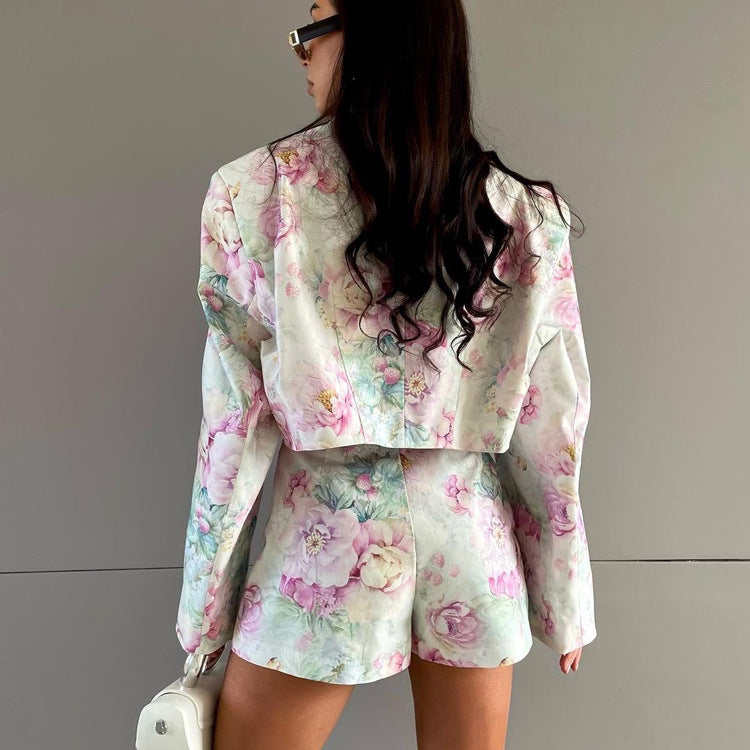 Elegant Floral Blazer & Mini Skirt Set