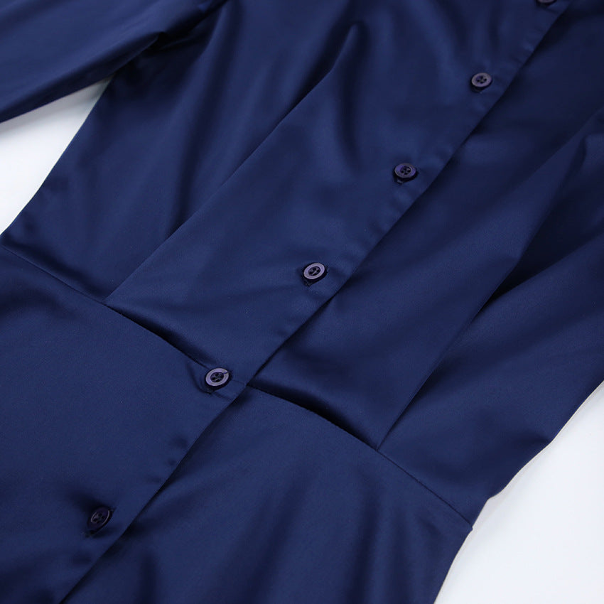 Midnight Satin Ruched Shirt Mini Dress