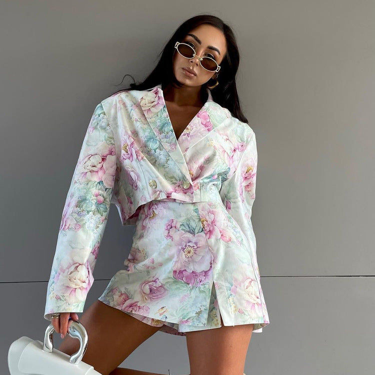Elegant Floral Blazer & Mini Skirt Set