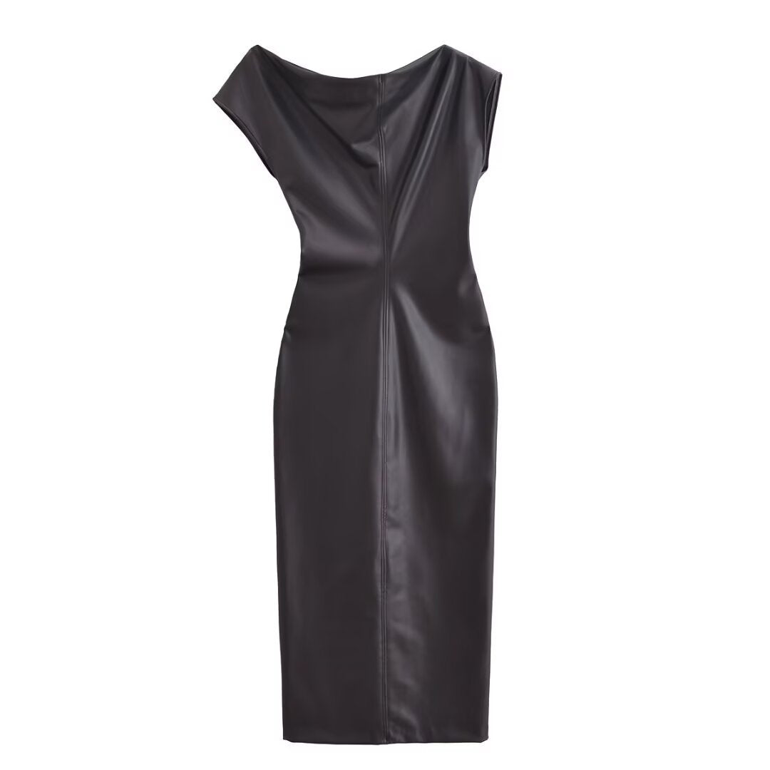 Paris Chic Asymmetrical Faux Leather Midi Dress