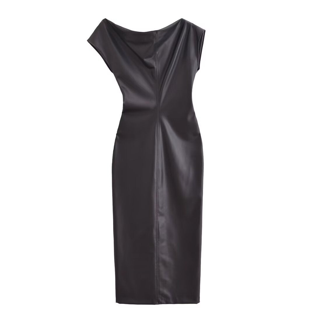 Paris Chic Asymmetrical Faux Leather Midi Dress