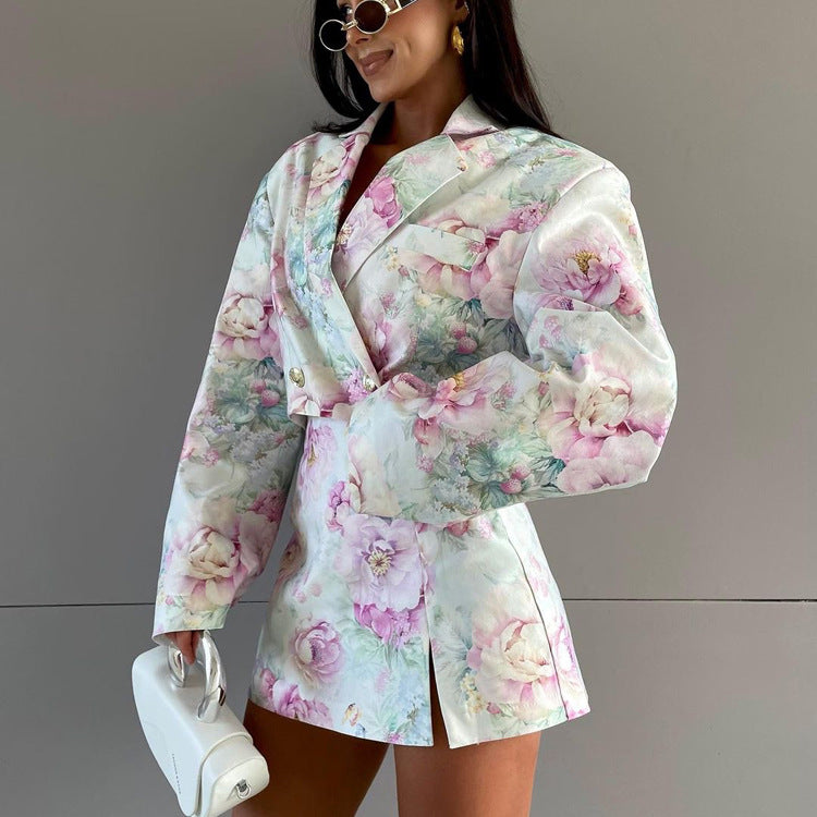 Elegant Floral Blazer & Mini Skirt Set