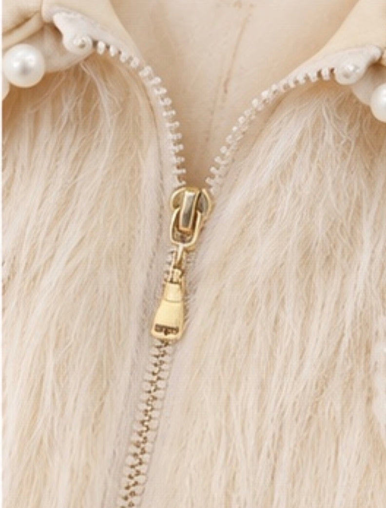 Élise Pearl-Trim Faux Fur Jacket – Ivory