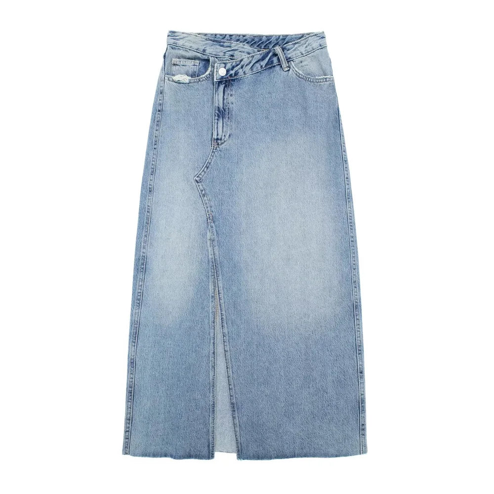Women's Vintage Denim Midi Skirt with Front Slit & Pockets